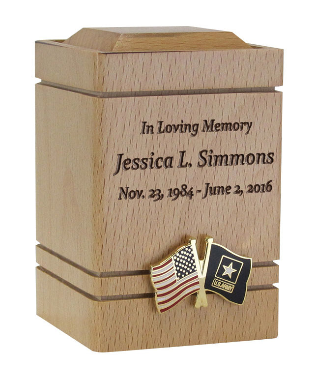 Unity USA & US Army Flags Cherry Keepsake Urn - Small Wooden Urn