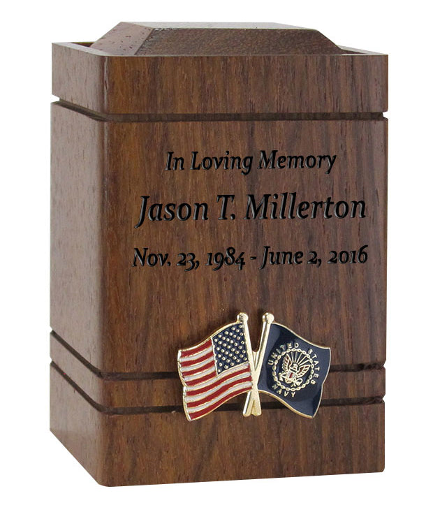 Unity USA & US Navy Flags Walnut Keepsake Urn - Small Wooden Urn 