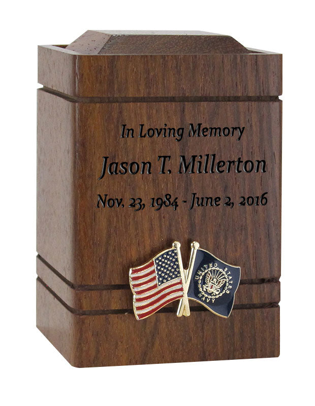 Unity USA & US Navy Flags Walnut Keepsake Urn - Small Wooden Urn 
