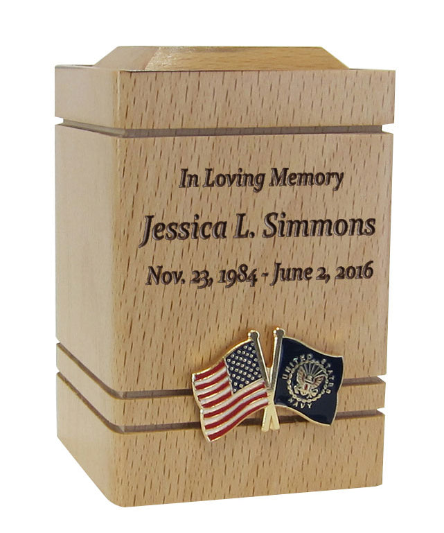 Unity USA & US Navy Flags Cherry Keepsake Urn - Small Wooden Urn 