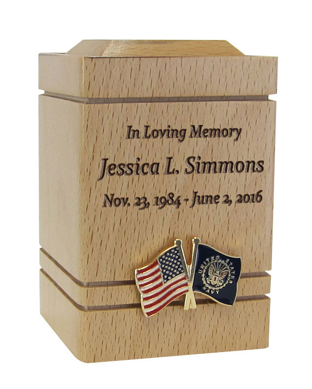 Unity USA & US Navy Flags Cherry Keepsake Urn - Small Wooden Urn
