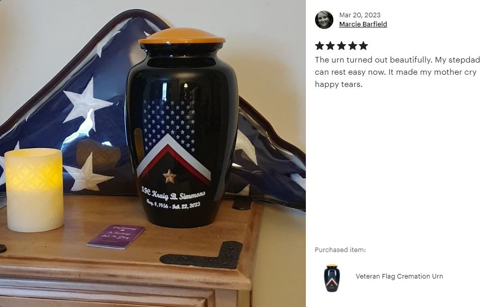 Veteran Flag Medium or Adult Sized Cremation Urn - Tribute Wreath™ - Pro Personalization - Burial Vault Option