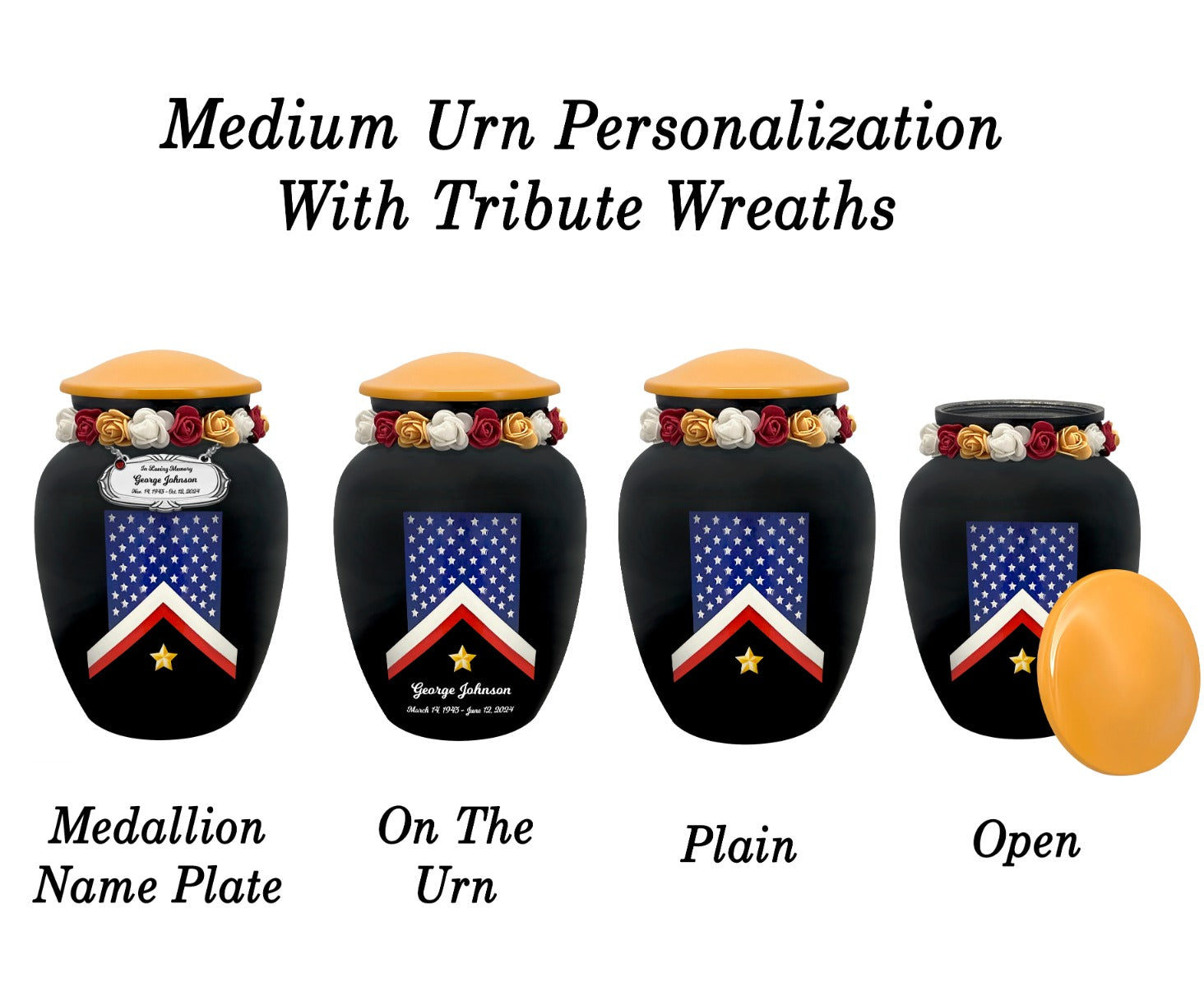 Veteran Flag Medium or Adult Sized Cremation Urn - Tribute Wreath™ - Pro Personalization - Burial Vault Option