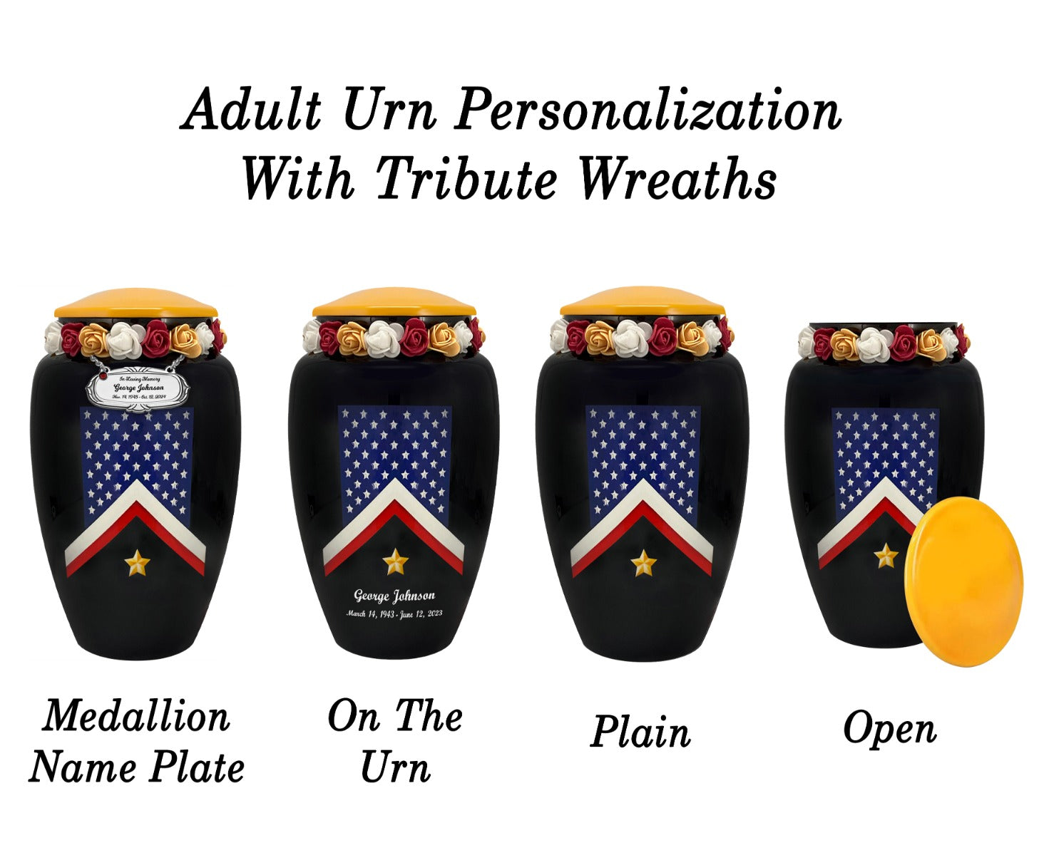 Veteran Flag Medium or Adult Sized Cremation Urn - Tribute Wreath™ - Pro Personalization - Burial Vault Option