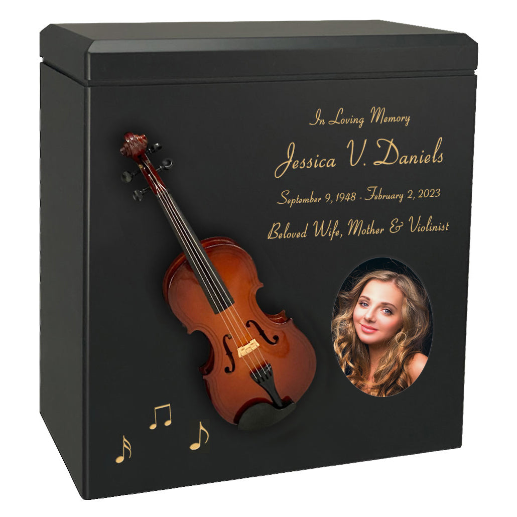 Violin or Fiddle Wood Adult Cremation Urn - Miniature Violin or Fiddle - Photo Option