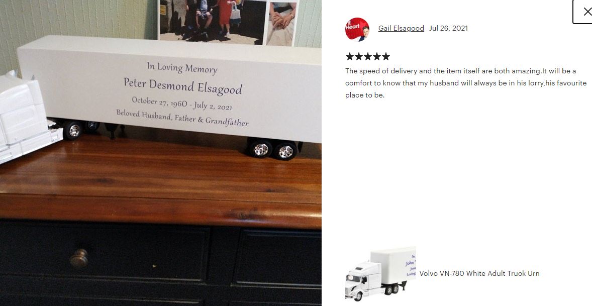 Trailer Cremation Urn & Volvo VN-780 White Truck Décor