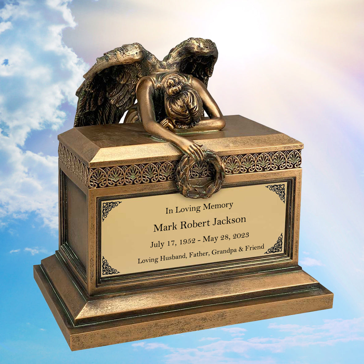 Weeping Angel Bronze Adult Cremation Urn - Custom Plate and Wings - Beautiful Mourning Angel
