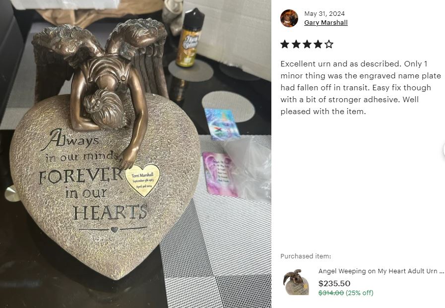 Angel Weeping on My Heart Adult Cremation Urn - Free Engraved Heart Plate