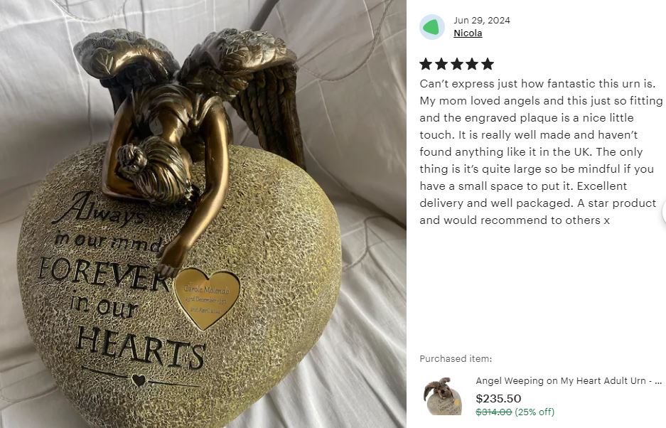 Angel Weeping on My Heart Adult Cremation Urn - Free Engraved Heart Plate