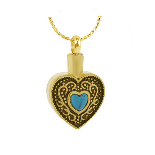 Western Turquoise Heart Gold Ash Pendant Urn - Love Charms® Option