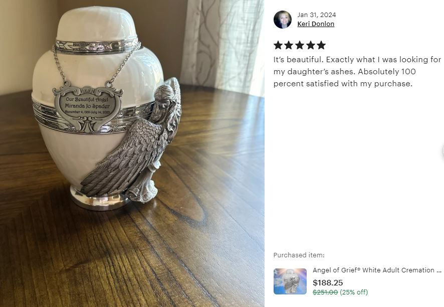 Wings of an Angel White Adult Urn - Pro Laser Engraving - Burial Vault Option