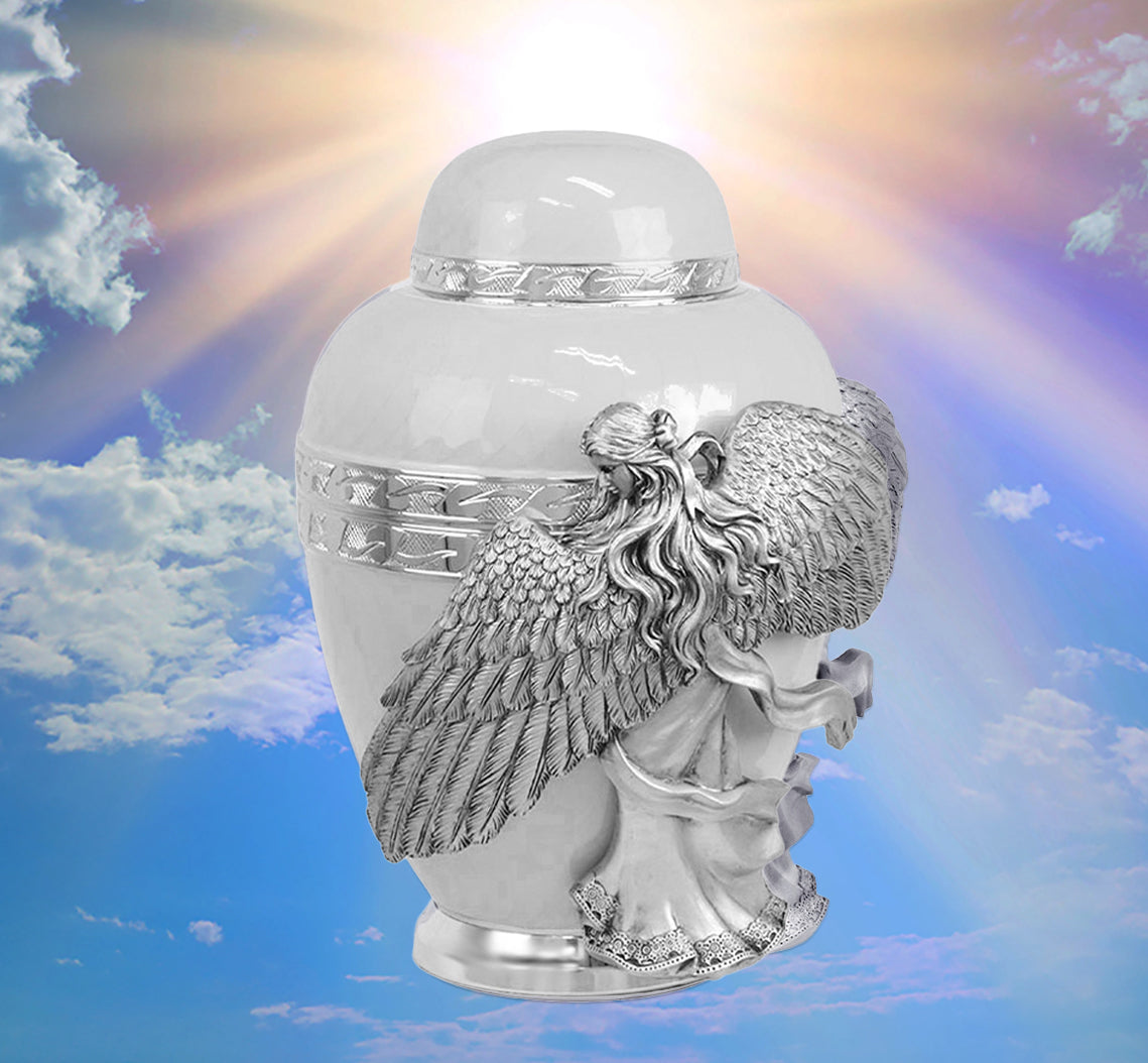 Wings of an Angel White Adult Urn - Pro Laser Engraving - Burial Vault Option