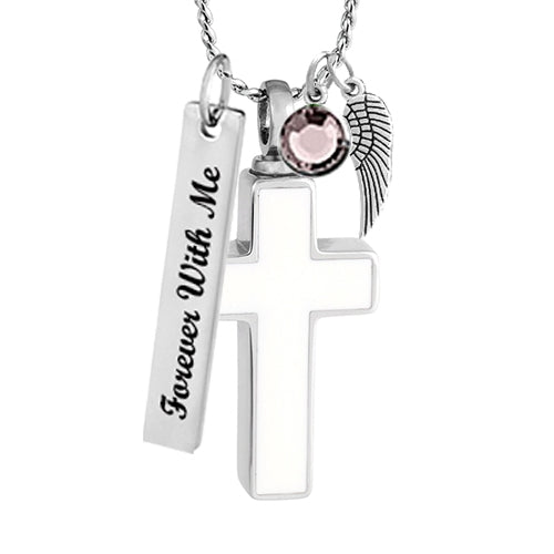 White Stainless Cross Cremation Jewelry Urn - Love Charms Option