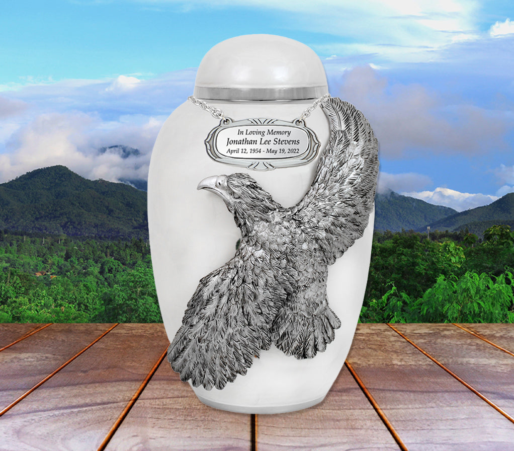 Soaring Eagle White Adult Urn - Pro Laser Engraving - Burial Vault Option
