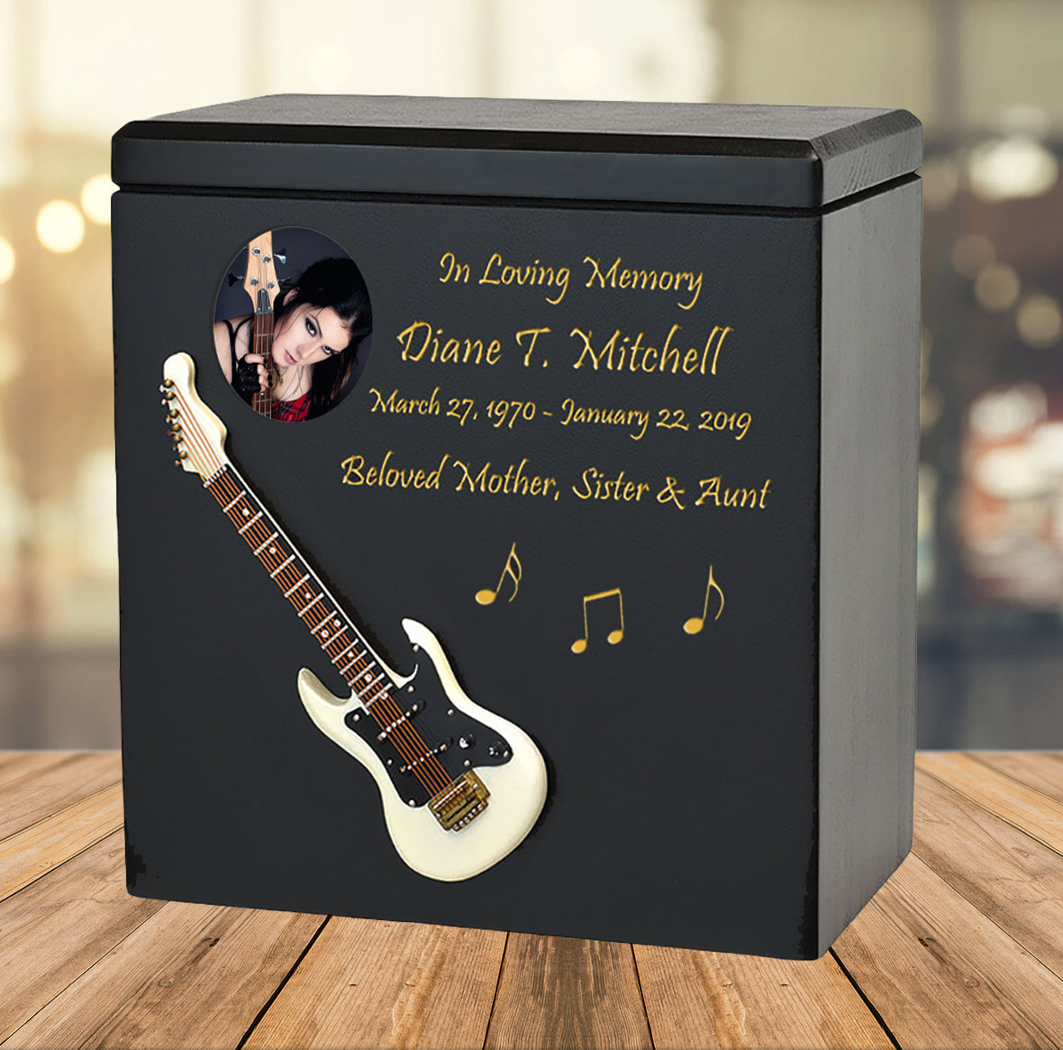 White Electric Guitar Wood Adult Cremation Urn - Miniature Guitar - Photo Option