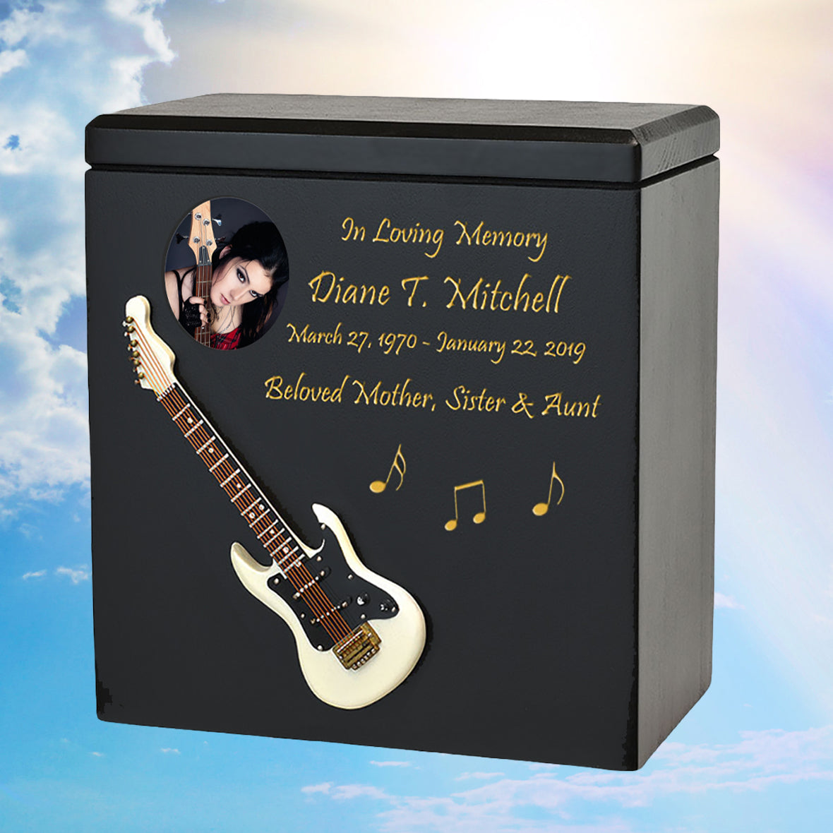 White Electric Guitar Wood Adult Cremation Urn - Miniature Guitar - Photo Option