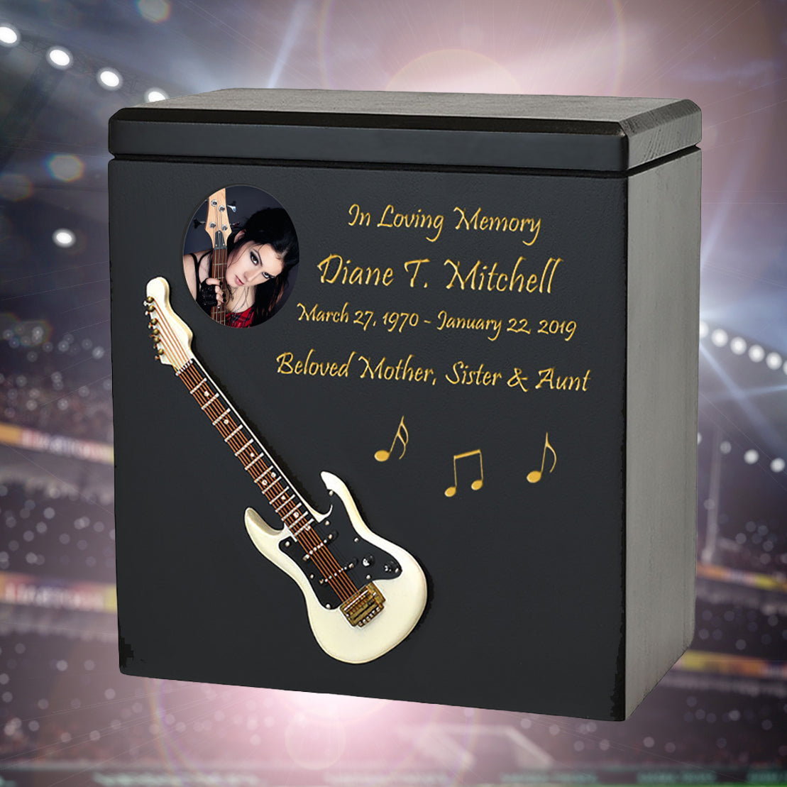 White Electric Guitar Wood Adult Cremation Urn - Miniature Guitar - Photo Option