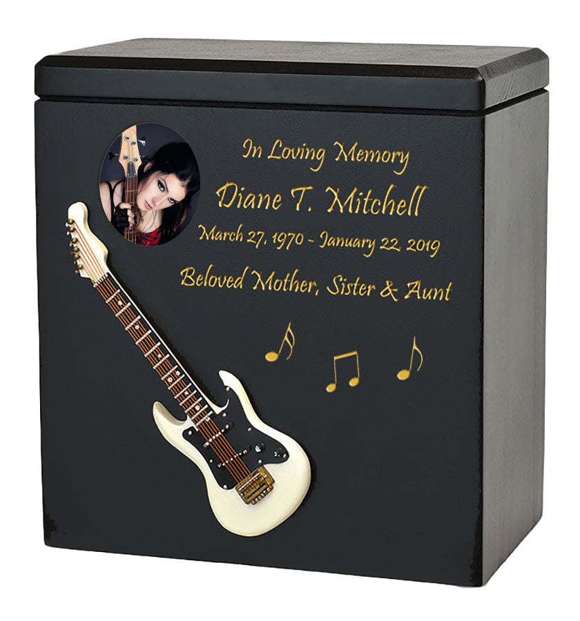 White Electric Guitar Wood Adult Cremation Urn - Miniature Guitar - Photo Option