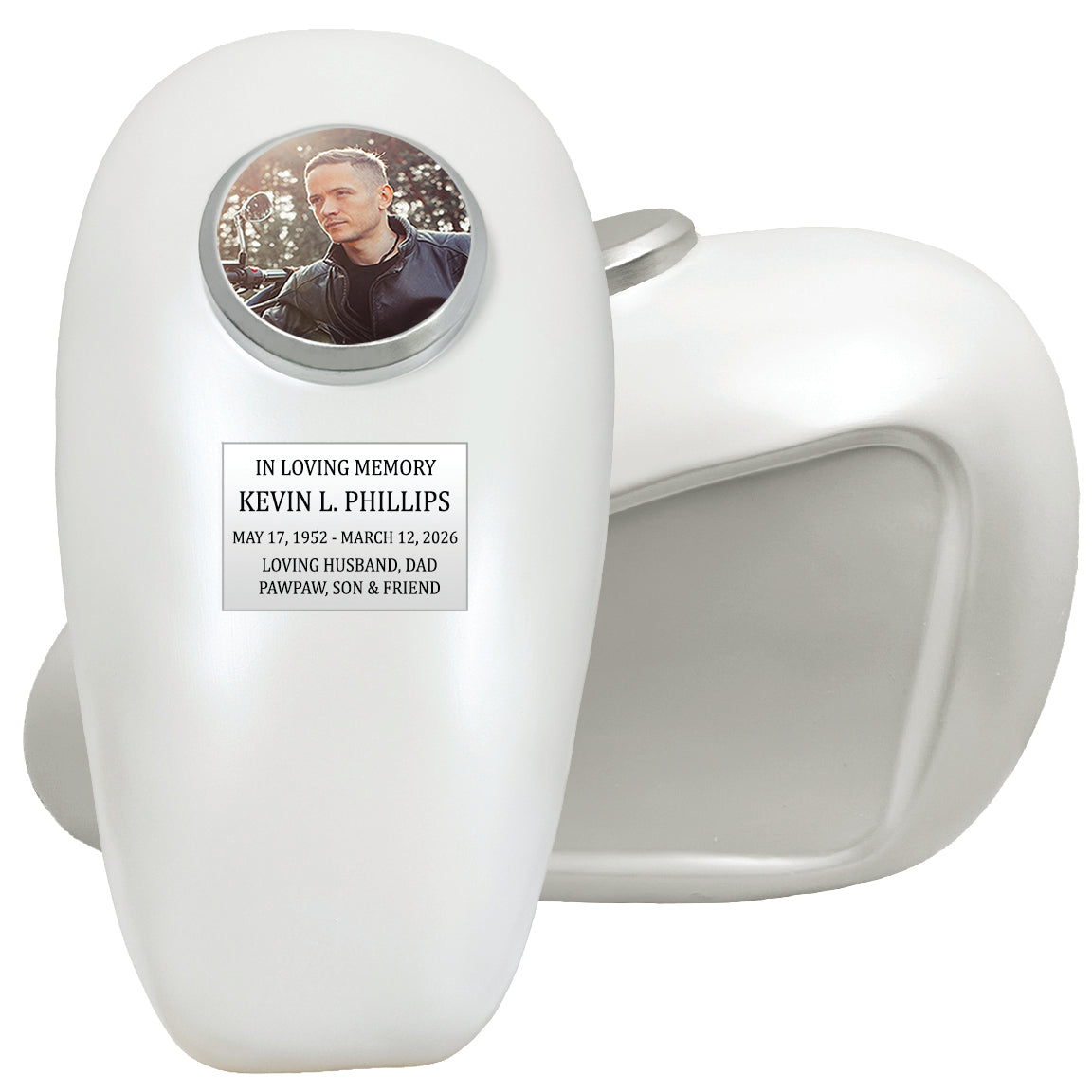 Pearl Motorcycle Gas Tank Large Adult Cremation Urn - Free Plate & Photo Option