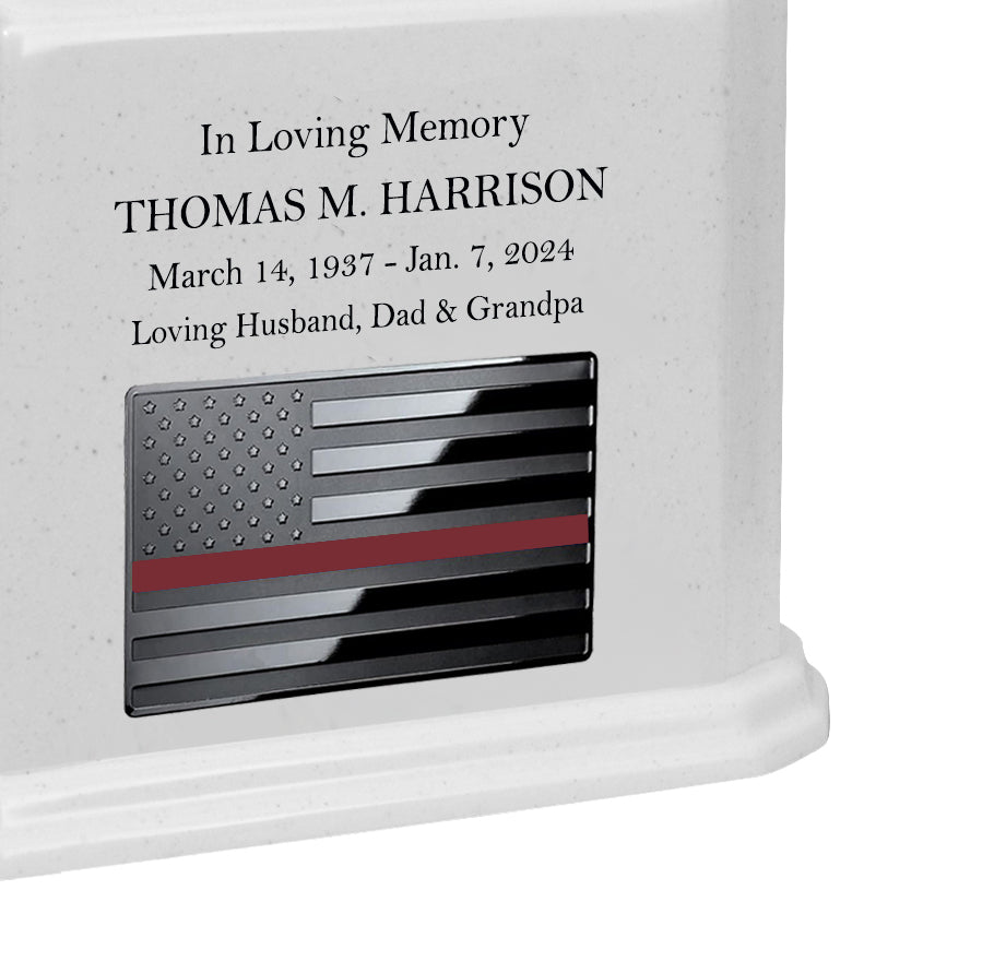 Thin Red Line Firefighter Monarch White Granite Adult Cremation Urn