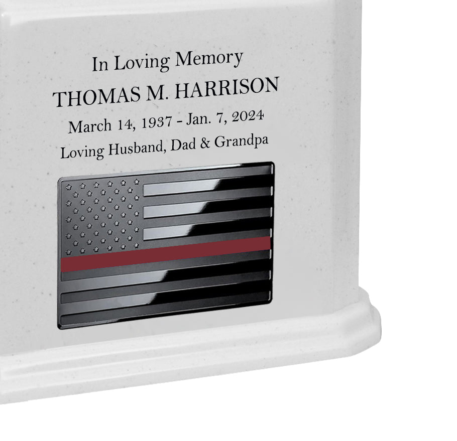 Thin Red Line Firefighter Monarch White Granite Adult Cremation Urn