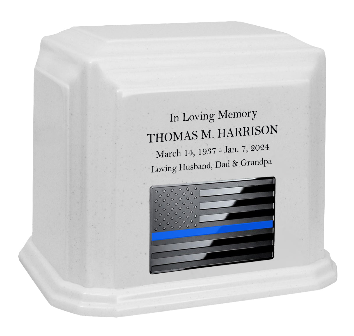 Thin Blue Line Police Monarch White Granite Adult Cremation Urn