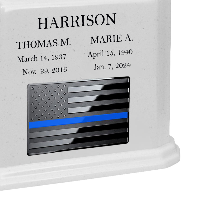 Thin Blue Line Police Monarch Companion White Granite Urn ~ For Two Cremation Urn