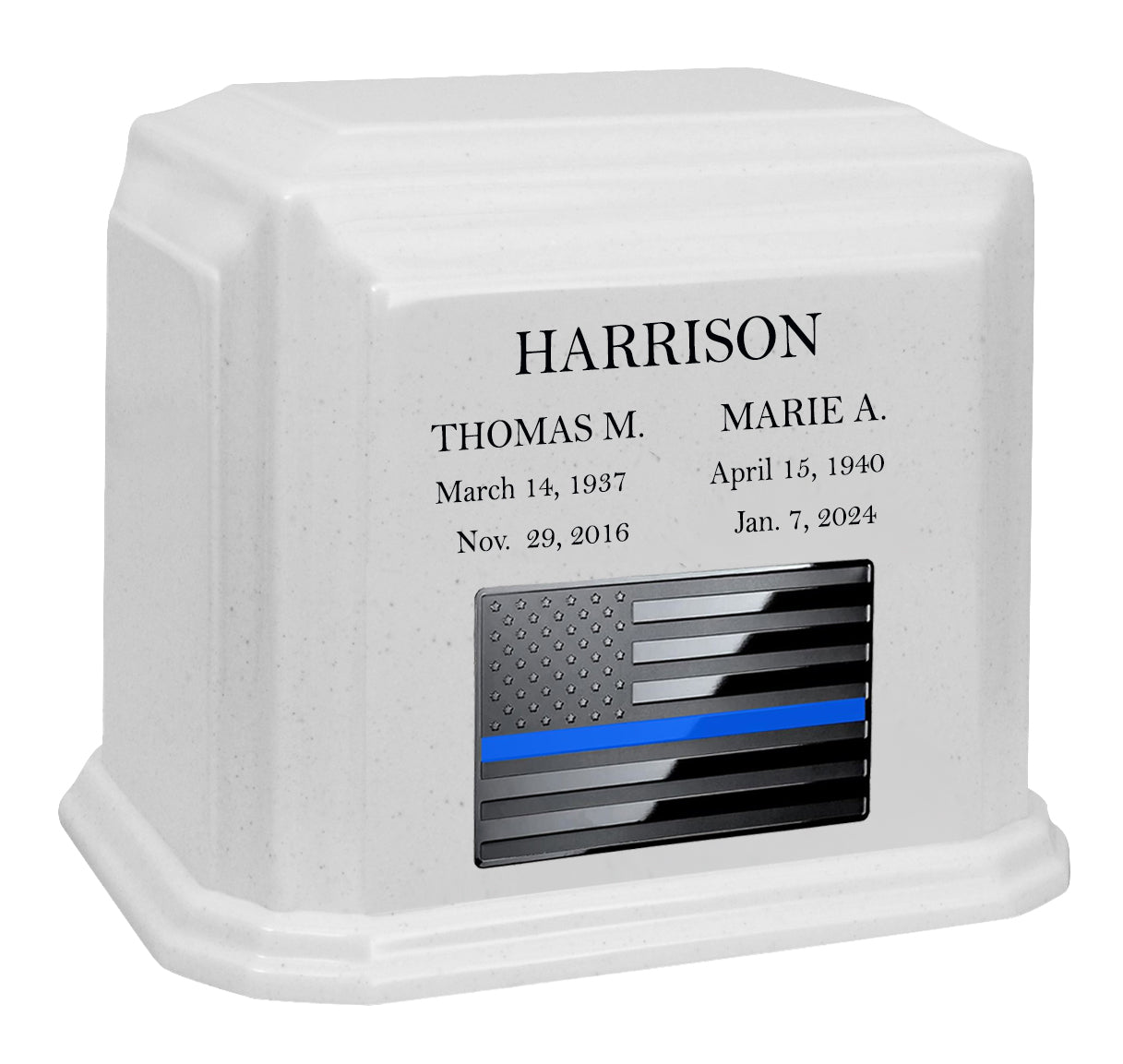 Thin Blue Line Police Monarch Companion White Granite Urn ~ For Two Cremation Urn
