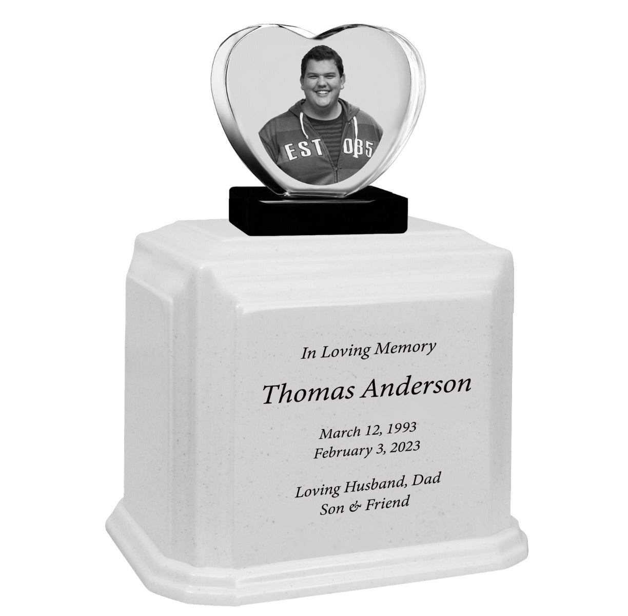 3D Heart Crystal White Monarch Granite Extra Large Adult Urn