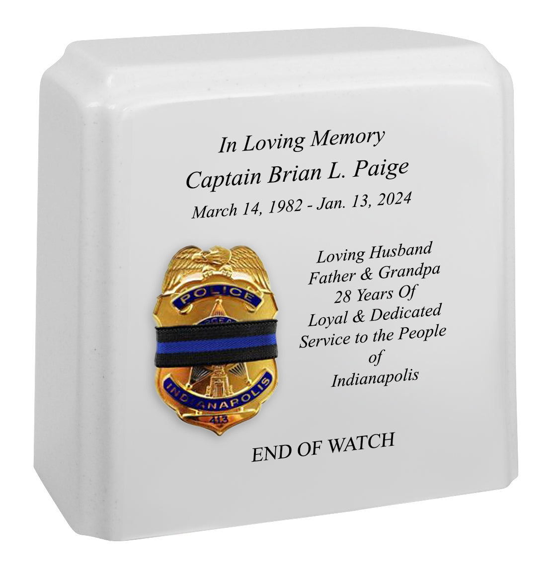 Police Badge Blue Line Mourning Band Granite Adult Cremation Urn - Free Engraving