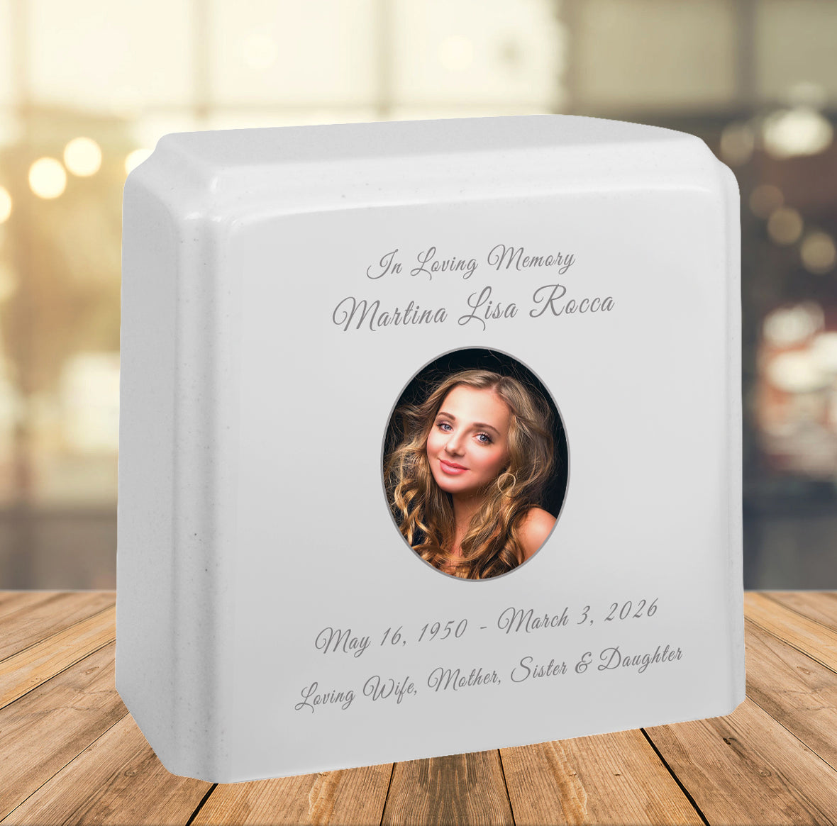 White Granite Photo Adult Urn - Full Color or Black & White Picture Urn - Free Burgundy Bag