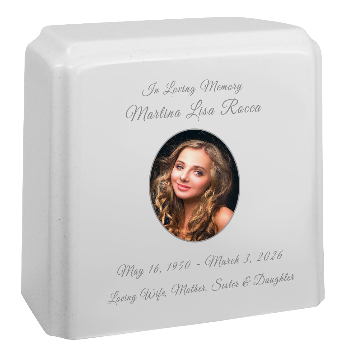 White Granite Photo Adult Urn - Full Color or Black & White Picture Urn - Free Burgundy Bag