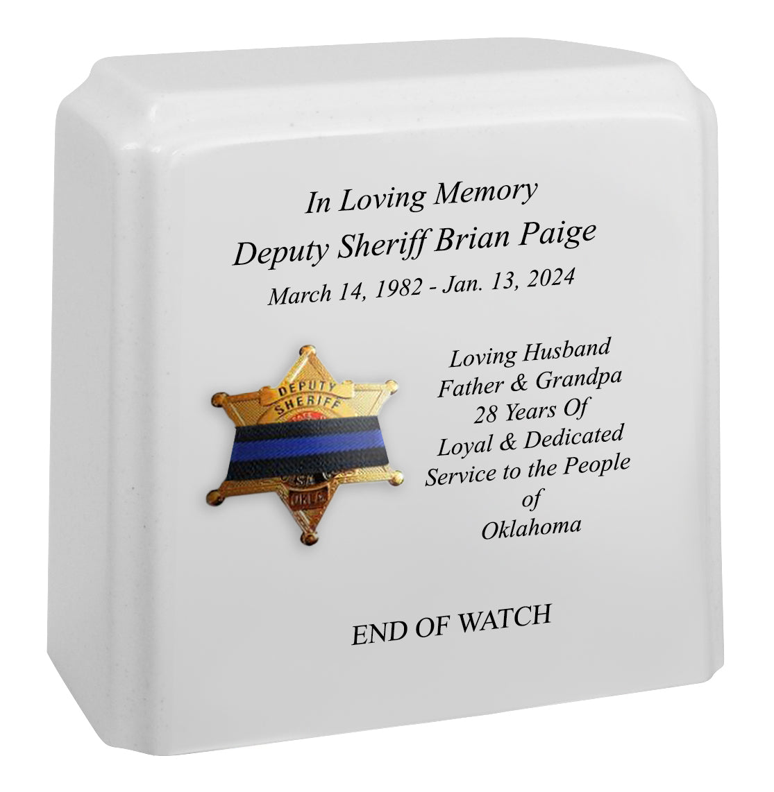 Sheriff Badge Blue Line Mourning Band Granite Adult Cremation Urn - Free Engraving