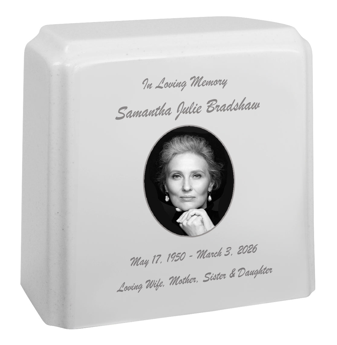 White Granite Photo Adult Urn - Full Color or Black & White Picture Urn - Free Burgundy Bag