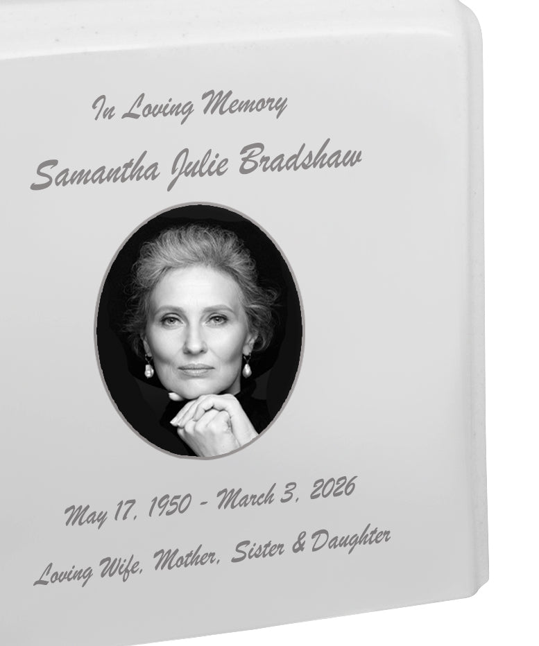 White Granite Photo Adult Urn - Full Color or Black & White Picture Urn - Free Burgundy Bag