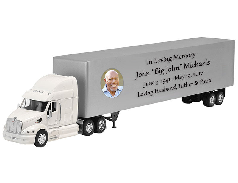 Trailer Cremation Urn & Peterbilt 387 White Truck Décor