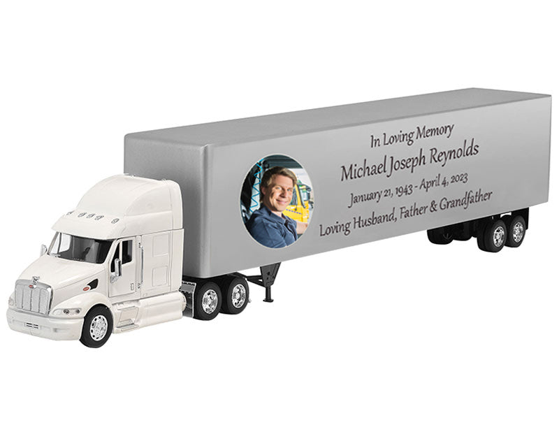 Trailer Cremation Urn & Peterbilt 387 White Truck Décor