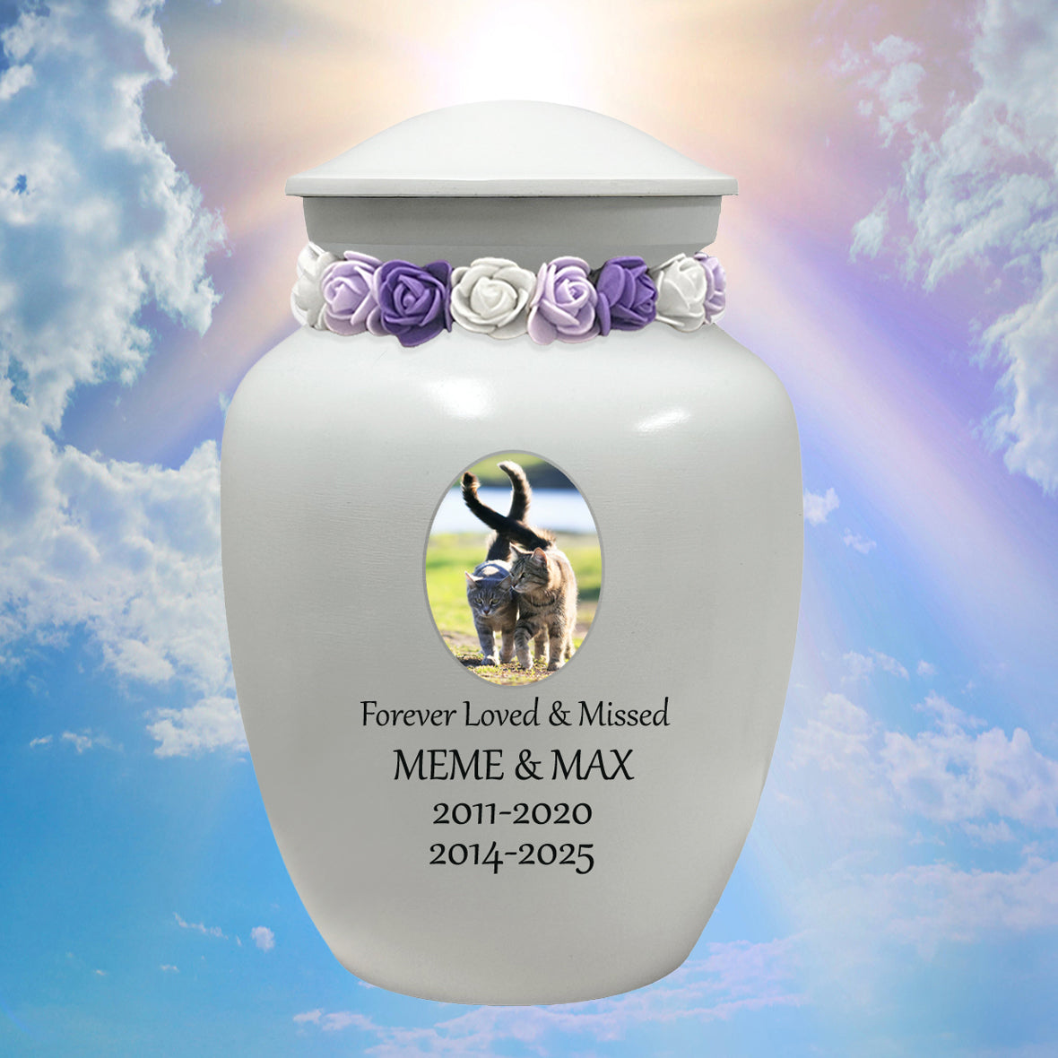 White Pet Urn - Free Photo & Engraving - Tribute Wreath® Option - Fast Shipping