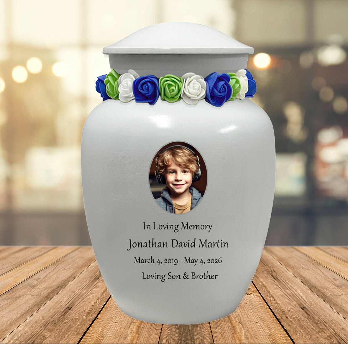 White Child Urn - Free Photo & Engraving - Tribute Wreath® Option - Fast Shipping