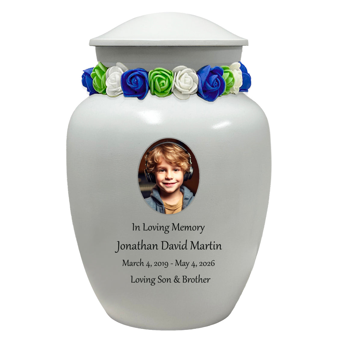 White Child Urn - Free Photo & Engraving - Tribute Wreath® Option - Fast Shipping