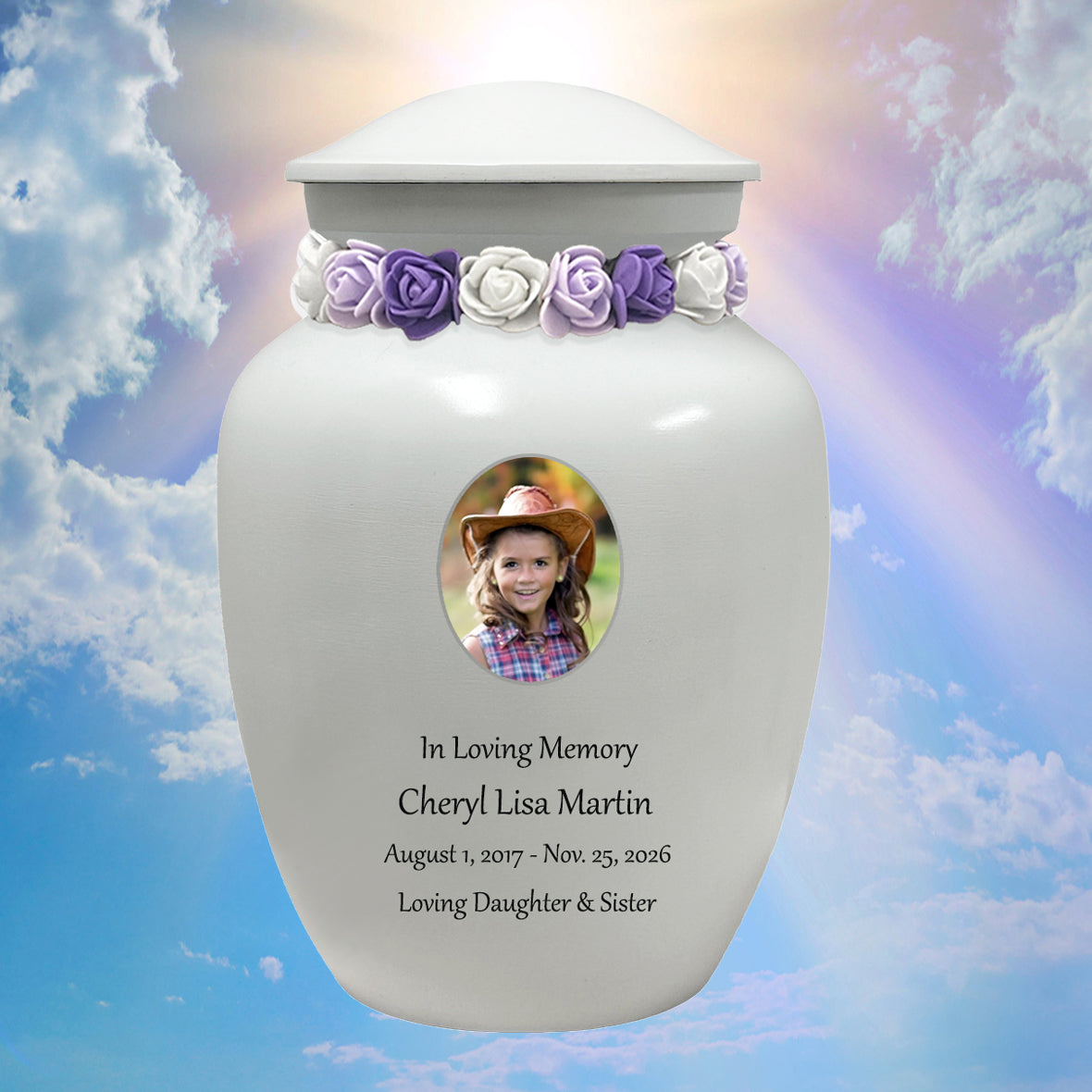 White Child Urn - Free Photo & Engraving - Tribute Wreath® Option - Fast Shipping
