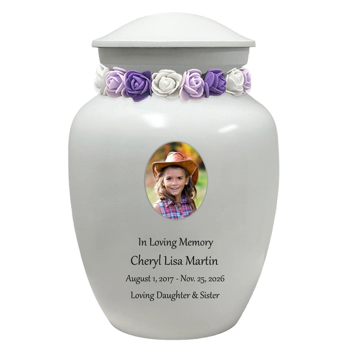 White Child Urn - Free Photo & Engraving - Tribute Wreath™ Option - Fast Shipping