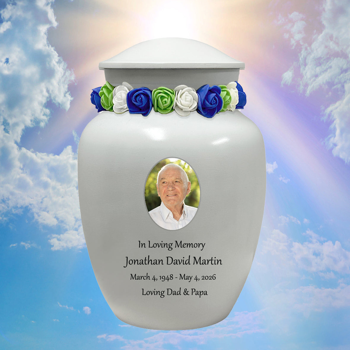 White Medium Urn - Free Photo & Engraving - Tribute Wreath® Option - Fast Shipping