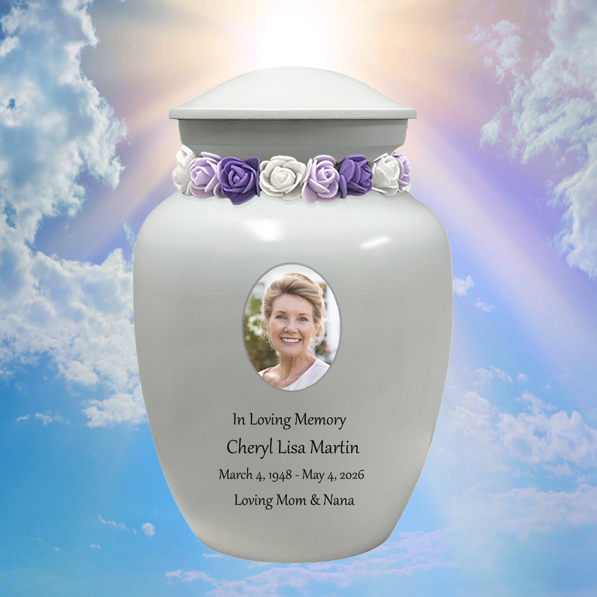 White Medium Urn - Free Photo & Engraving - Tribute Wreath® Option - Fast Shipping