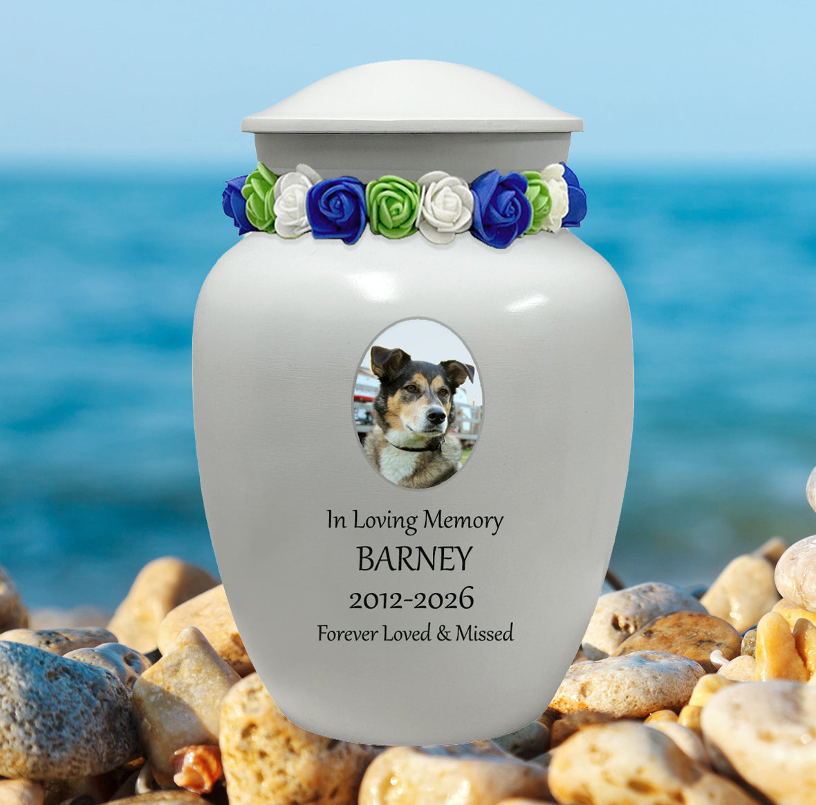 White Pet Urn - Free Photo & Engraving - Tribute Wreath® Option - Fast Shipping