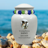 White Pet Urn - Free Photo & Engraving - Tribute Wreath® Option - Fast Shipping