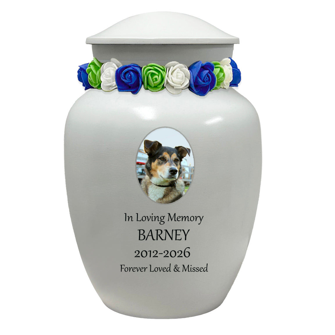 White Pet Urn - Free Photo & Engraving - Tribute Wreath® Option - Fast Shipping