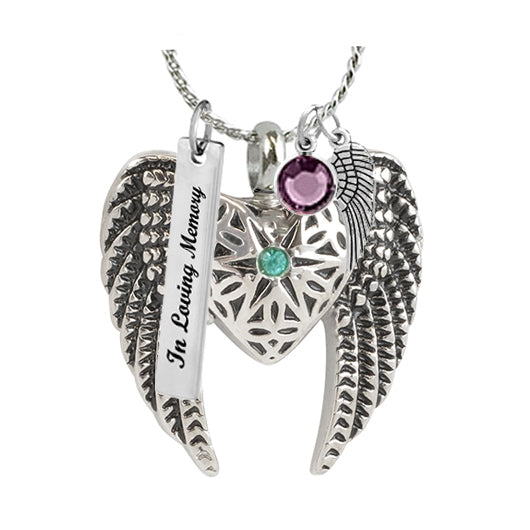 Heart Wings Aqua Marine Crystal Ash Pendant - Love Charms Option