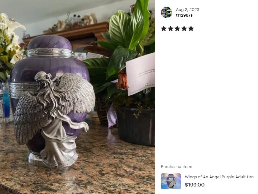 Wings of an Angel Purple Adult Urn - Pro Laser Engraving - Burial Vault Option