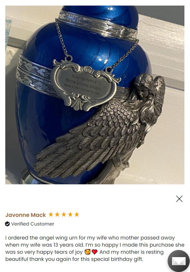 Wings of an Angel Blue Adult Urn - Pro Laser Engraving - Burial Vault Option